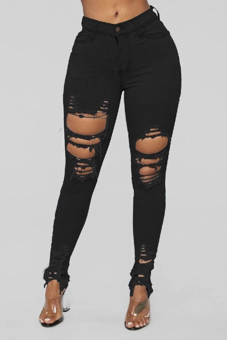 Denim Pencil Pants Slim Long Trousers Ripped Hole Stretch Feet Pants Female