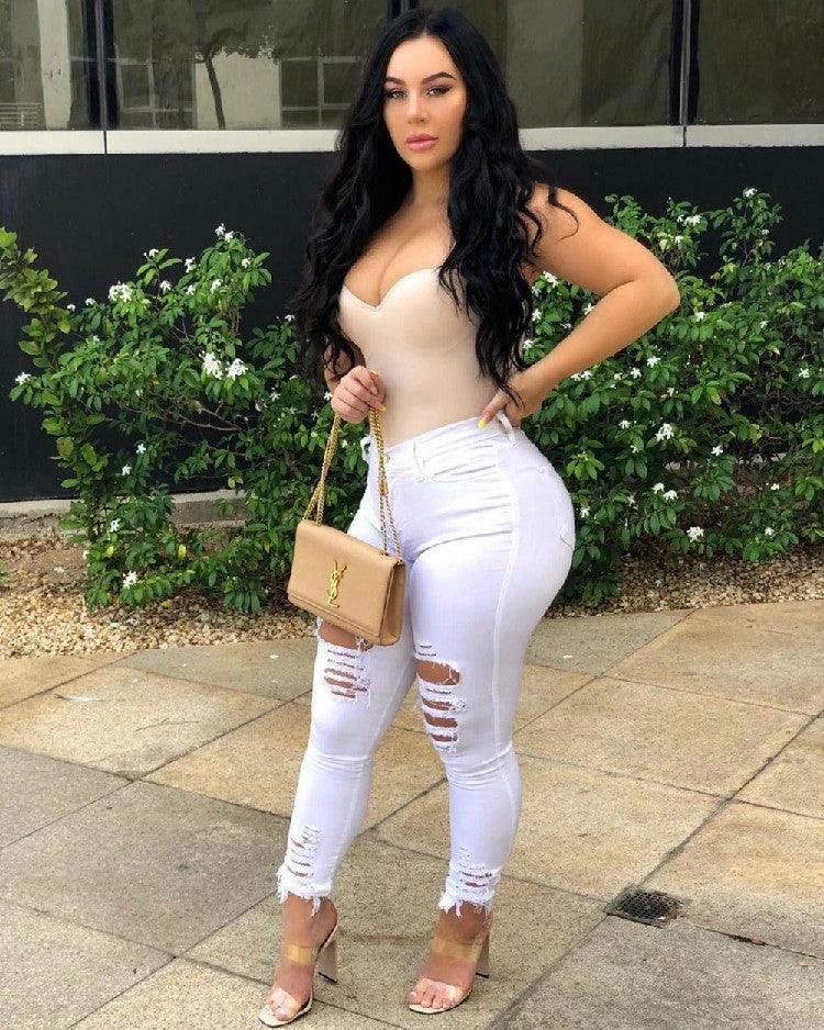 Denim Pencil Pants Slim Long Trousers Ripped Hole Stretch Feet Pants Female