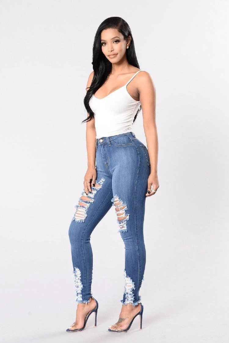 Denim Pencil Pants Slim Long Trousers Ripped Hole Stretch Feet Pants Female