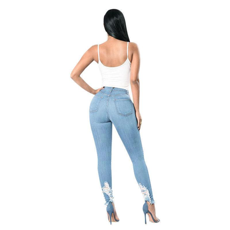 Denim Pencil Pants Slim Long Trousers Ripped Hole Stretch Feet Pants Female