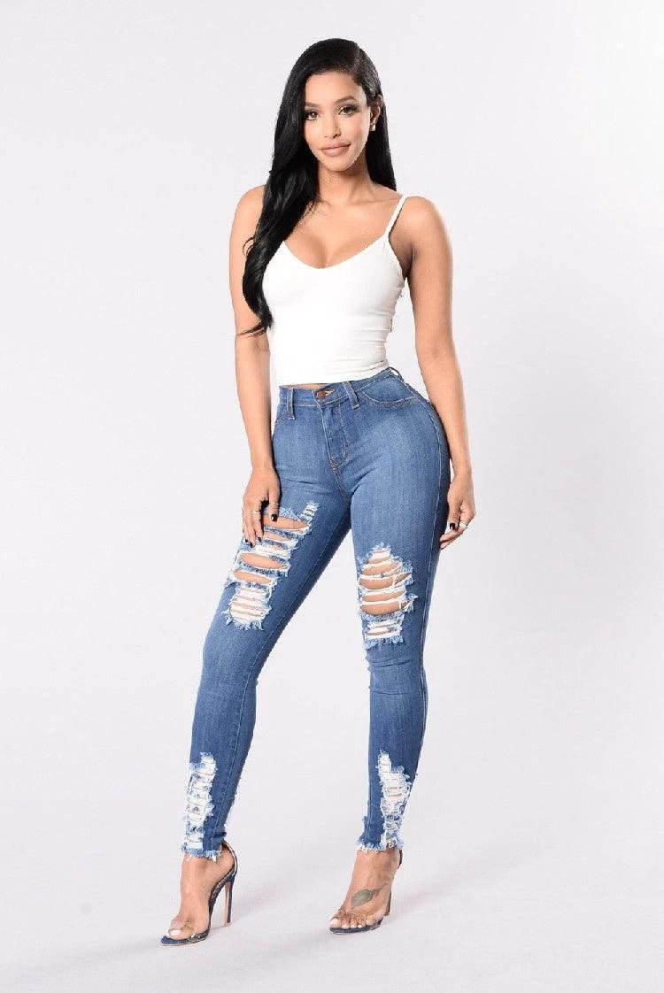 Denim Pencil Pants Slim Long Trousers Ripped Hole Stretch Feet Pants Female