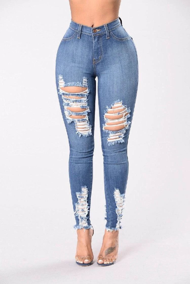 Denim Pencil Pants Slim Long Trousers Ripped Hole Stretch Feet Pants Female