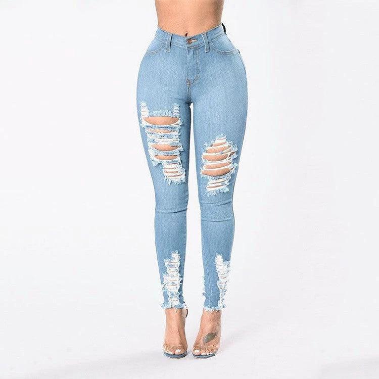 Denim Pencil Pants Slim Long Trousers Ripped Hole Stretch Feet Pants Female