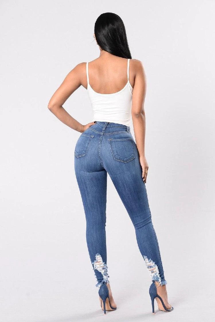 Denim Pencil Pants Slim Long Trousers Ripped Hole Stretch Feet Pants Female