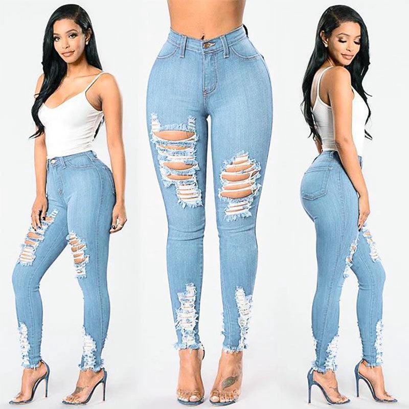 Denim Pencil Pants Slim Long Trousers Ripped Hole Stretch Feet Pants Female
