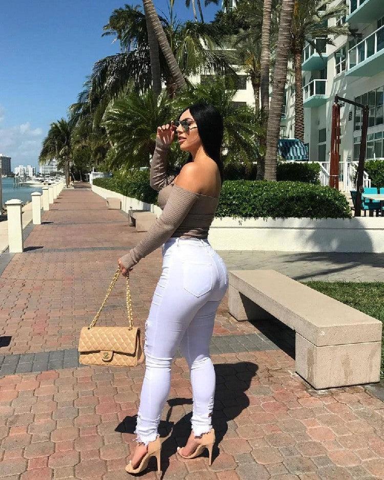 Denim Pencil Pants Slim Long Trousers Ripped Hole Stretch Feet Pants Female