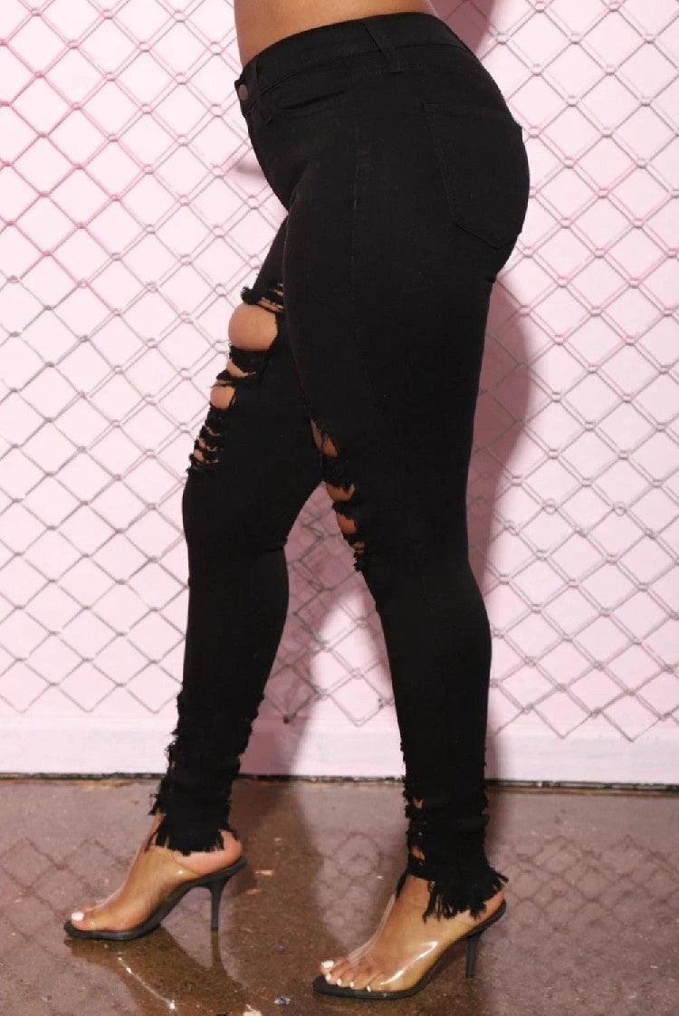 Denim Pencil Pants Slim Long Trousers Ripped Hole Stretch Feet Pants Female