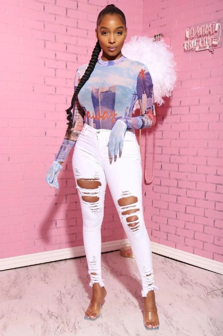 Denim Pencil Pants Slim Long Trousers Ripped Hole Stretch Feet Pants Female