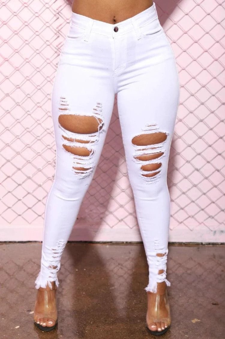 Denim Pencil Pants Slim Long Trousers Ripped Hole Stretch Feet Pants Female