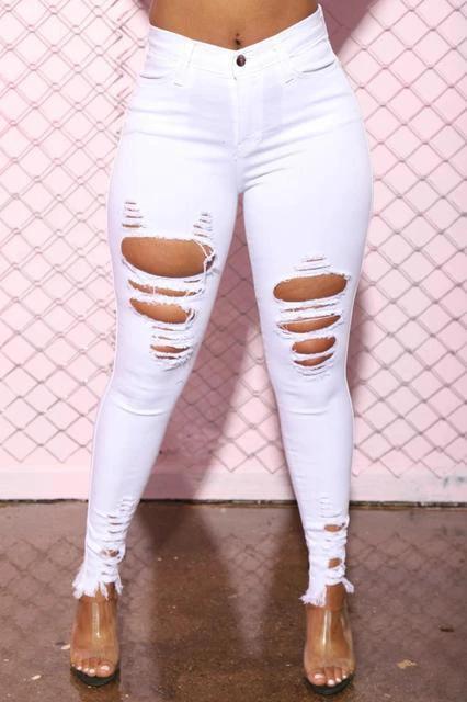 Denim Pencil Pants Slim Long Trousers Ripped Hole Stretch Feet Pants Female