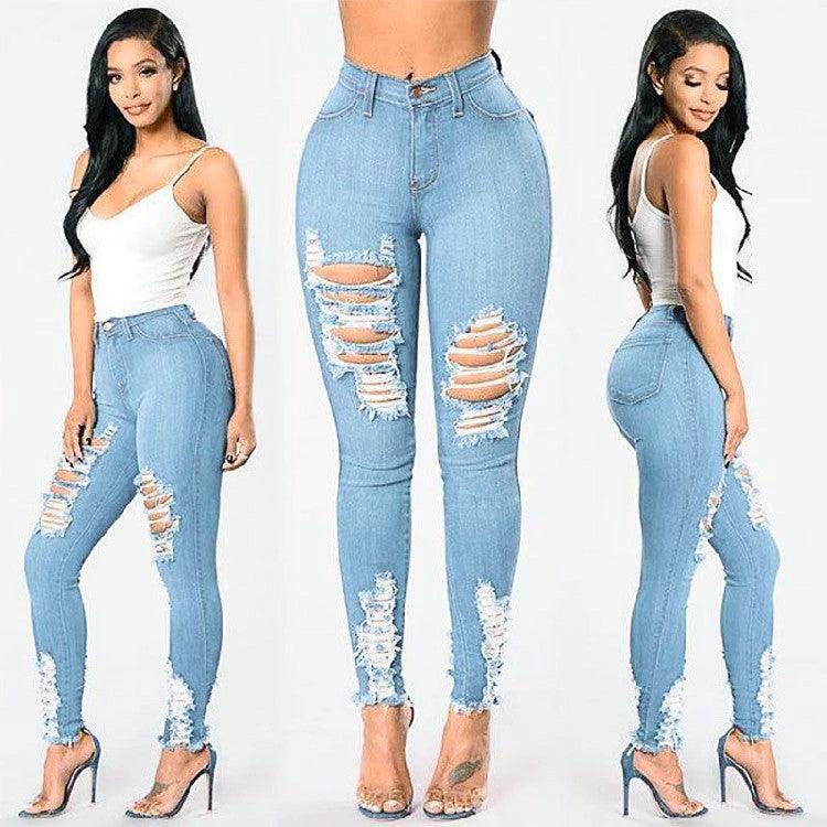 Denim Pencil Pants Slim Long Trousers Ripped Hole Stretch Feet Pants Female