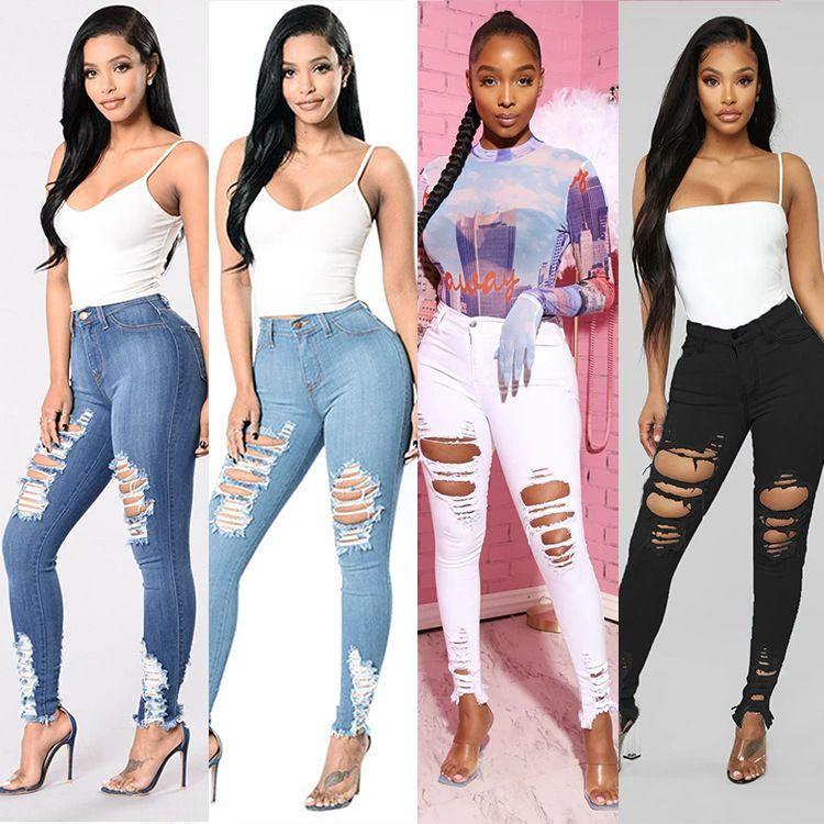 Denim Pencil Pants Slim Long Trousers Ripped Hole Stretch Feet Pants Female