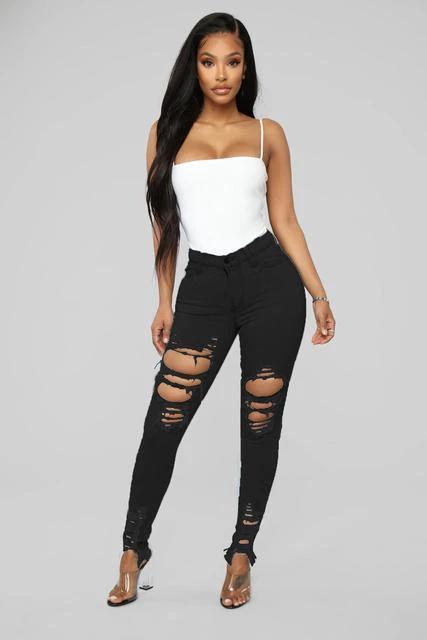 Denim Pencil Pants Slim Long Trousers Ripped Hole Stretch Feet Pants Female