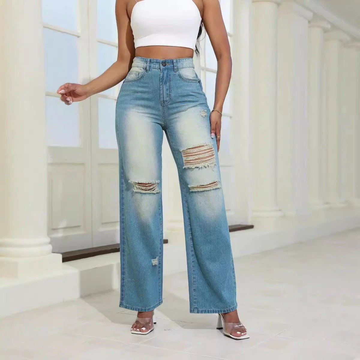 Mandotos High Waist Ripped Jeans With Pockets Wide Leg Straight Fit Womens Denim Pants