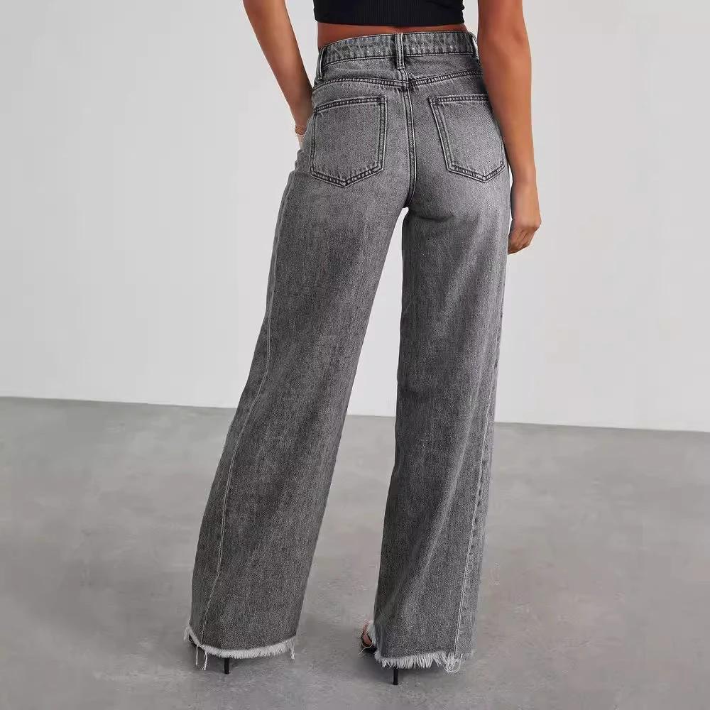 Mandotos Fashion High Waist Jeans With Pockets Slim Fit Straight Wide Leg Denim Pants