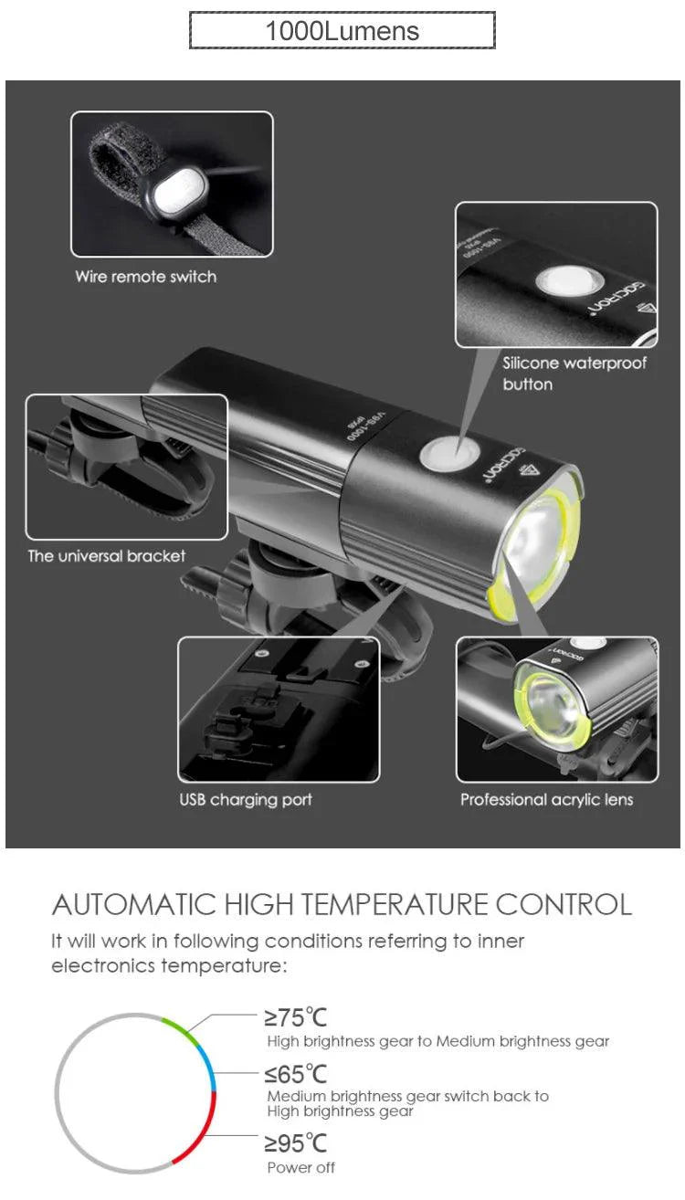 GACIRON 400-1800 Lumens Bicycle Front Light USB Rechargeable Cycling Headlight Flashlight MTB Road Bike Waterproof LED Head Lamp