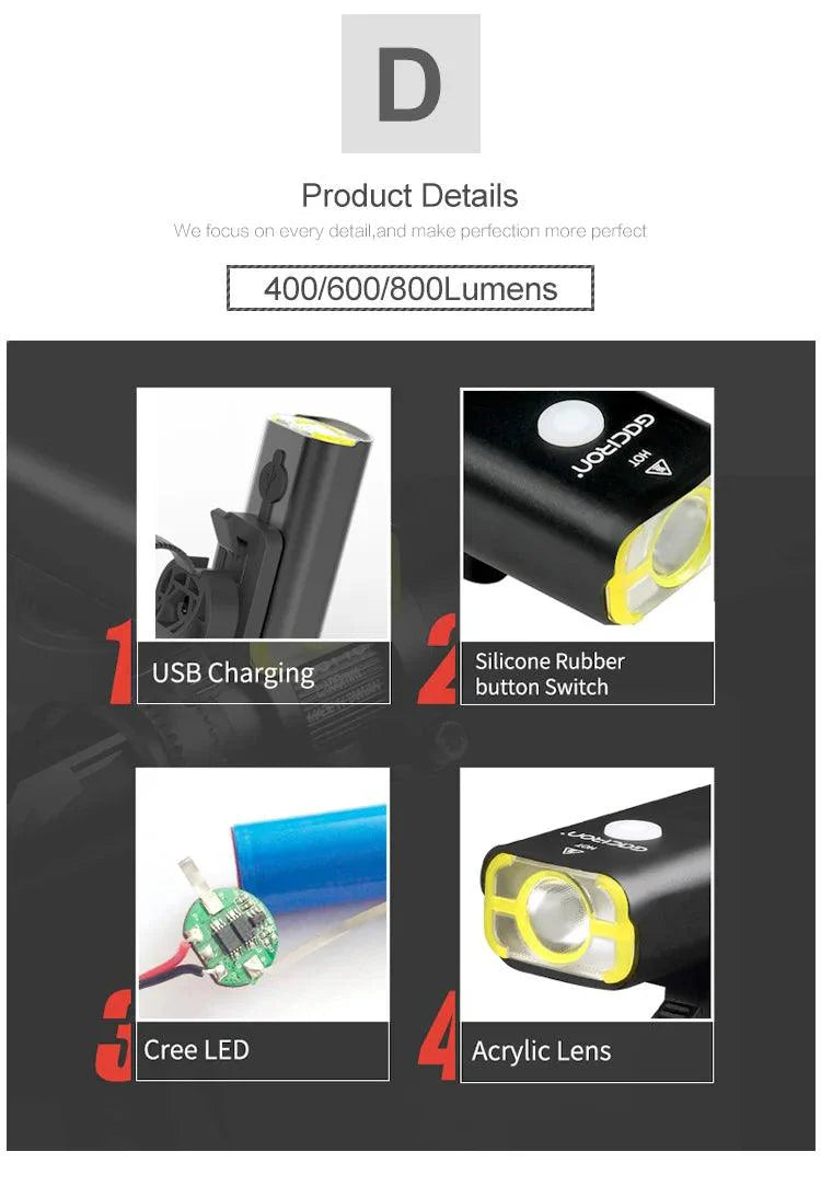 GACIRON 400-1800 Lumens Bicycle Front Light USB Rechargeable Cycling Headlight Flashlight MTB Road Bike Waterproof LED Head Lamp