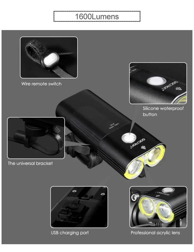 GACIRON 400-1800 Lumens Bicycle Front Light USB Rechargeable Cycling Headlight Flashlight MTB Road Bike Waterproof LED Head Lamp
