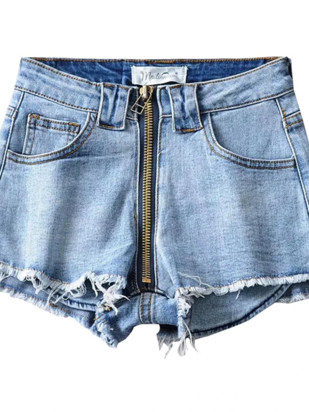 Xuan Ya High-Waisted Denim Shorts with Hip Zipper for Effortless Style