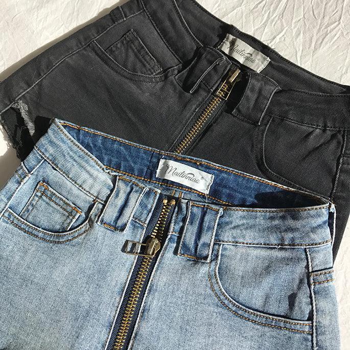Xuan Ya High-Waisted Denim Shorts with Hip Zipper for Effortless Style