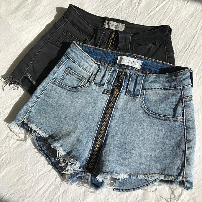 Xuan Ya High-Waisted Denim Shorts with Hip Zipper for Effortless Style