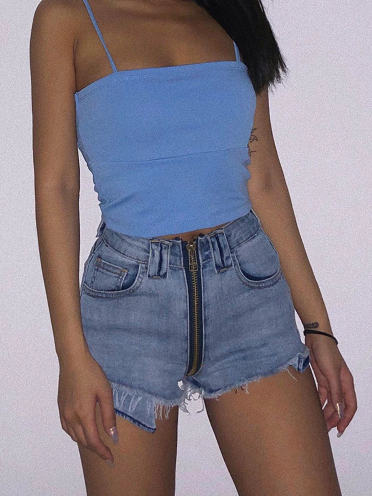 Xuan Ya High-Waisted Denim Shorts with Hip Zipper for Effortless Style