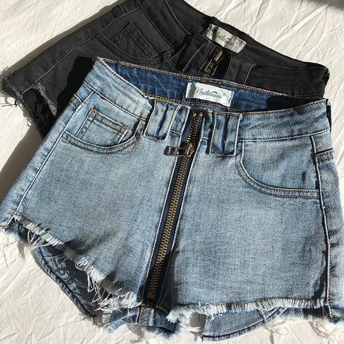 Xuan Ya High-Waisted Denim Shorts with Hip Zipper for Effortless Style