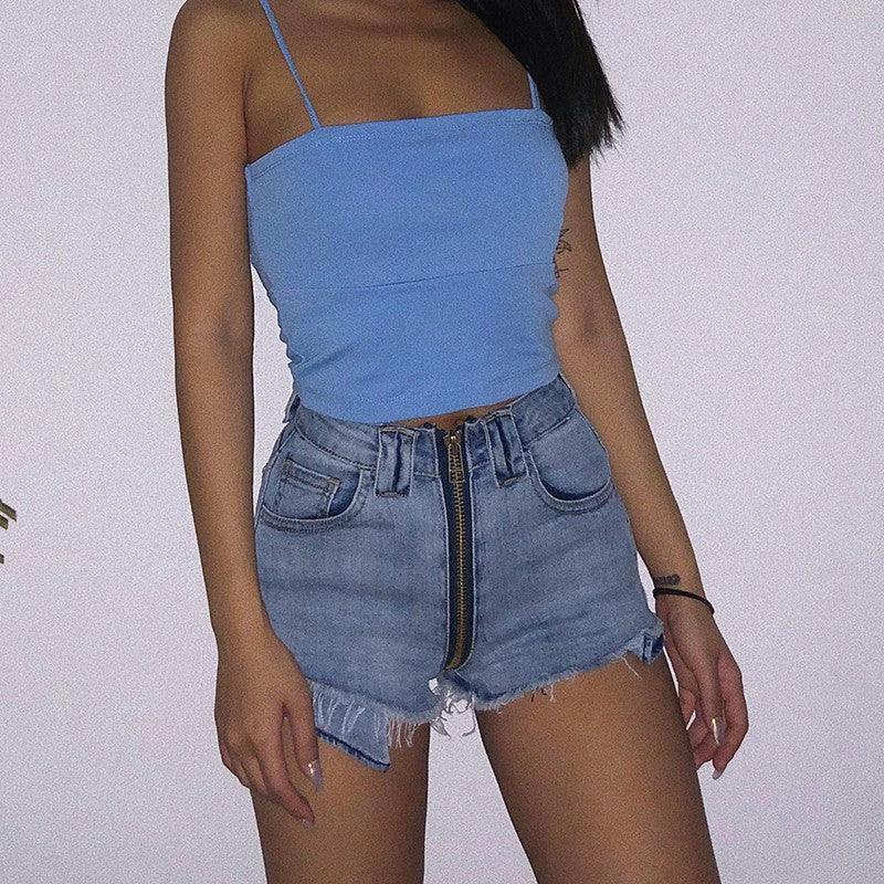 Xuan Ya High-Waisted Denim Shorts with Hip Zipper for Effortless Style