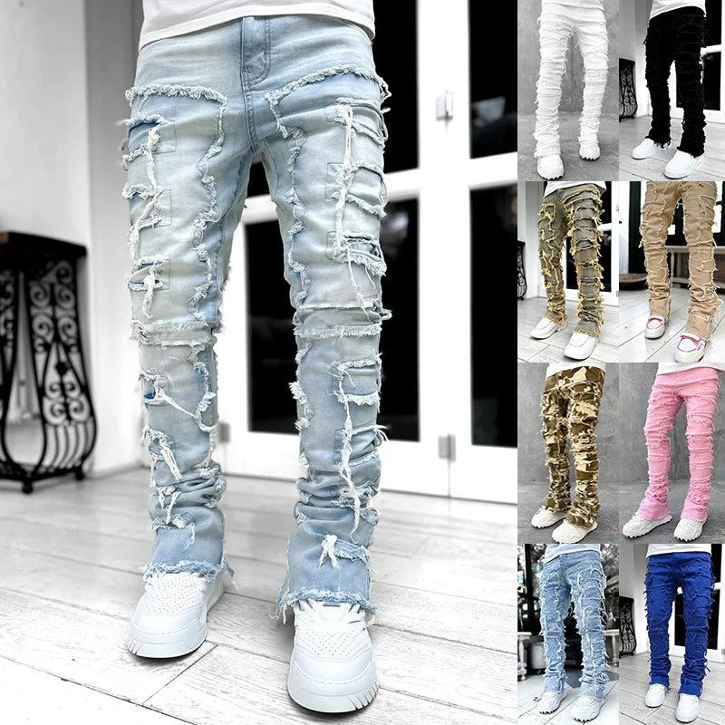 Men's Stacked Jeans - Individual Patched, Long Tight Fit Trousers for Bold Style