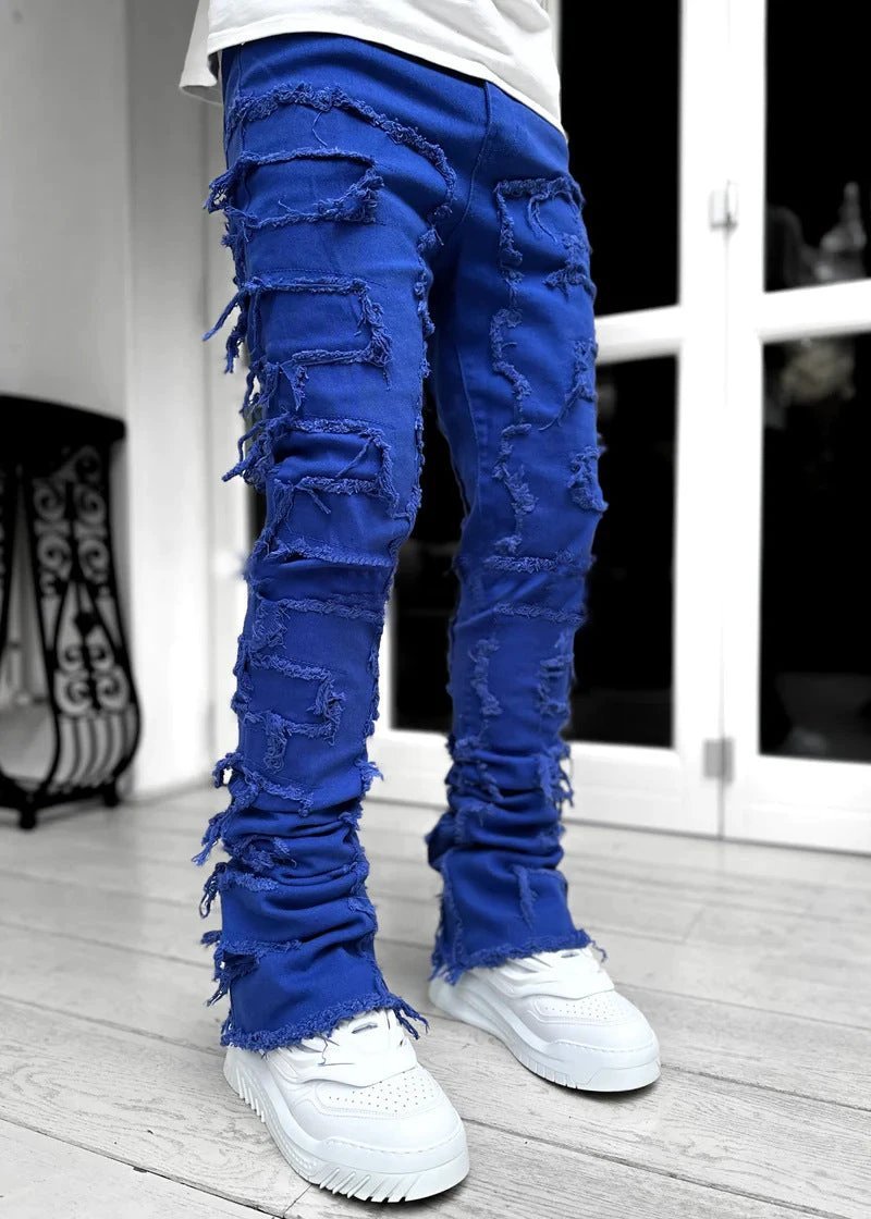 Men's Stacked Jeans - Individual Patched, Long Tight Fit Trousers for Bold Style