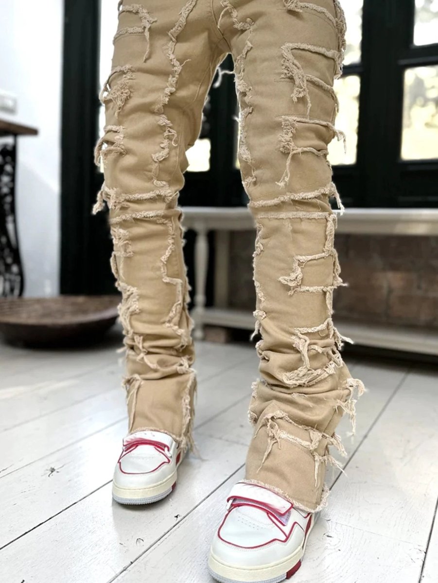 Men's Stacked Jeans - Individual Patched, Long Tight Fit Trousers for Bold Style