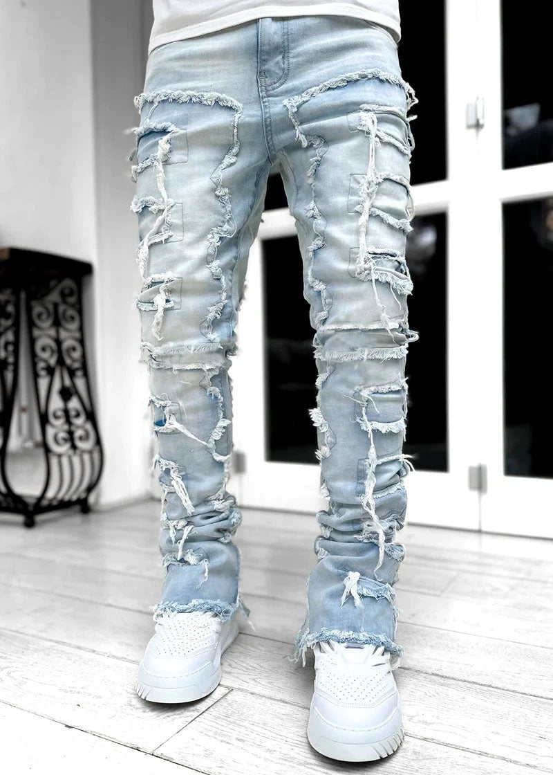 Men's Stacked Jeans - Individual Patched, Long Tight Fit Trousers for Bold Style