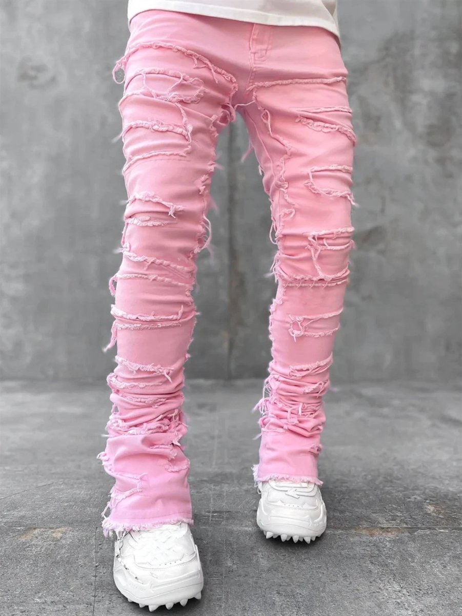 Men's Stacked Jeans - Individual Patched, Long Tight Fit Trousers for Bold Style