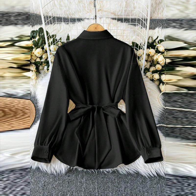 Women's Elegant Lapel Button-Down Top With Adjustable Metal Waist Belt Solid Color Loose Fit Blouse For Casual & Office Wear