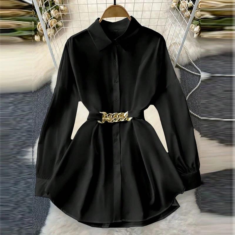 Women's Elegant Lapel Button-Down Top With Adjustable Metal Waist Belt Solid Color Loose Fit Blouse For Casual & Office Wear