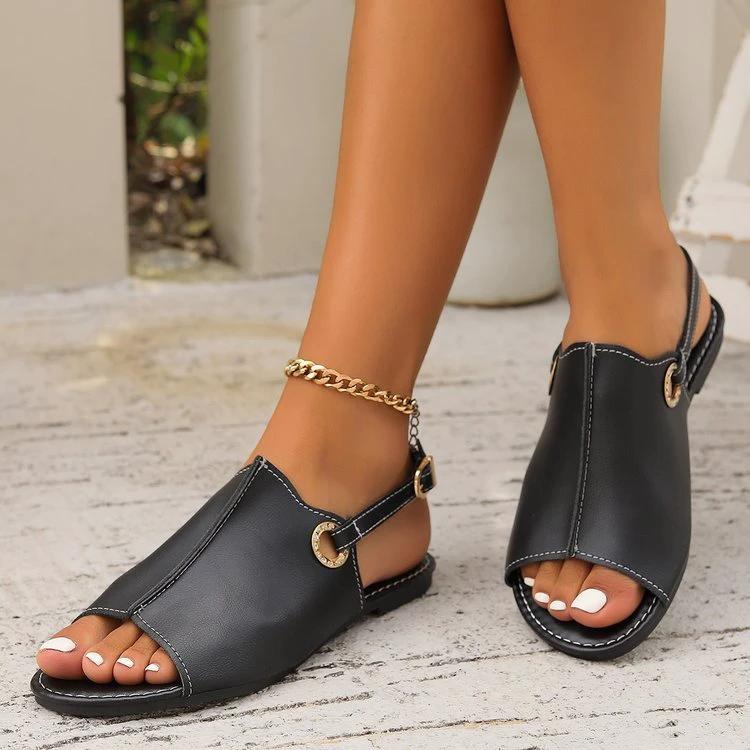 Peep-Toe Sandals - Summer Casual Buckle Flats Beach Shoes