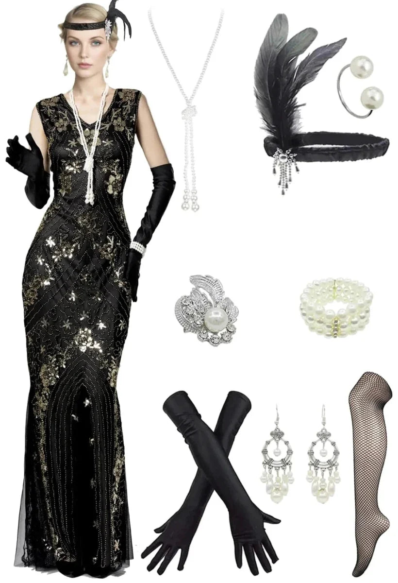 1920s Gatsby Sequin Gala Dress with Accessories