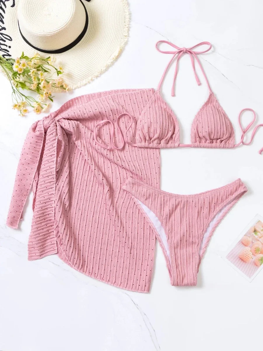 2026 3pcs Bikini Set Glistening Swimsuit Bikini With Cover up Dress Girls Swim Bathing Suit Beach Wear