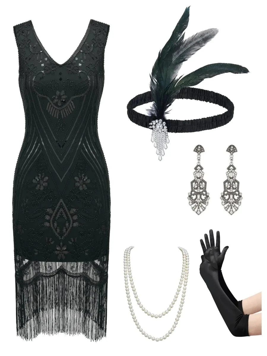 Charleston Chic 1920s Flapper Dress Set - Black XL
