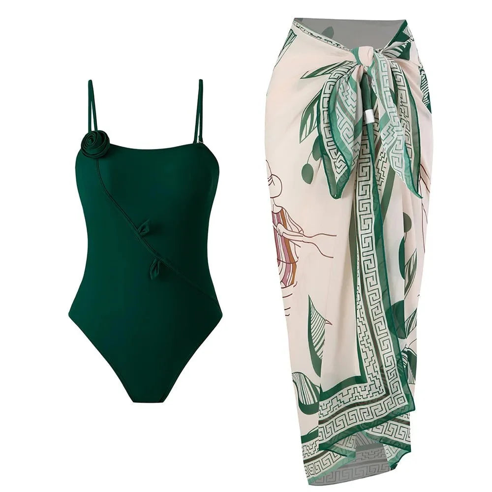 High Quality Swimwear Fabric Women Print Sarong Swimsuit Beach Coverup Wrap Skirt Pareo 2Pcs Bikini Set Custom Logo Bathing Suit