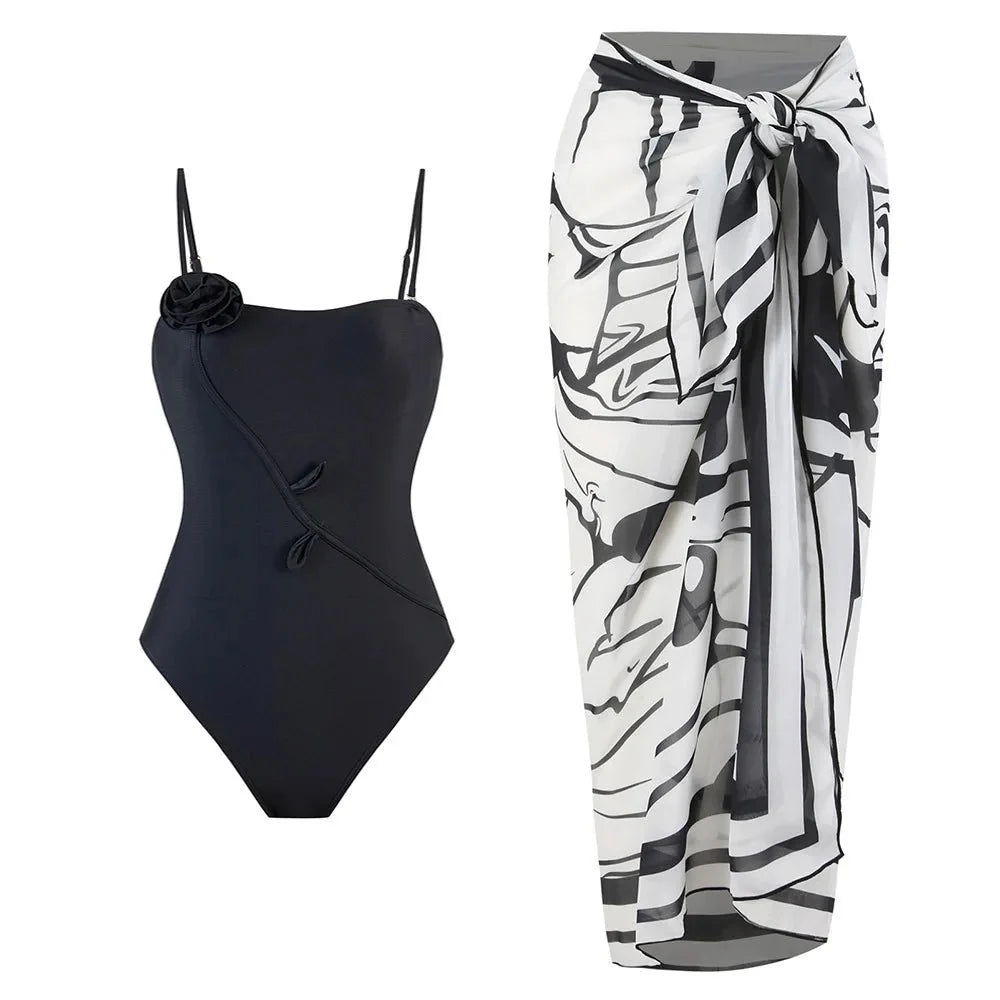High Quality Swimwear Fabric Women Print Sarong Swimsuit Beach Coverup Wrap Skirt Pareo 2Pcs Bikini Set Custom Logo Bathing Suit