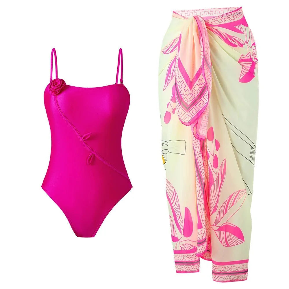 High Quality Swimwear Fabric Women Print Sarong Swimsuit Beach Coverup Wrap Skirt Pareo 2Pcs Bikini Set Custom Logo Bathing Suit