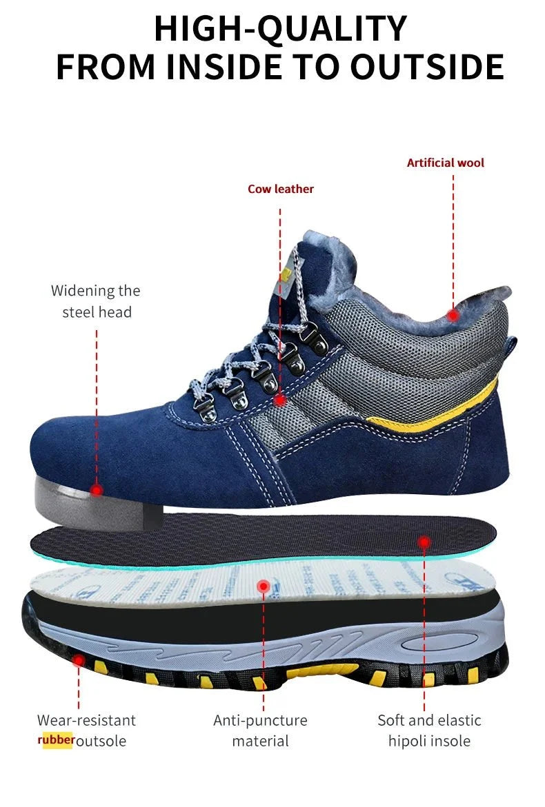 High Quality Winter Boots Men Steel Toe Cap Safety Boots Work Shoes Men Puncture-Proof Work Boots Plush Warm Safety Shoes male