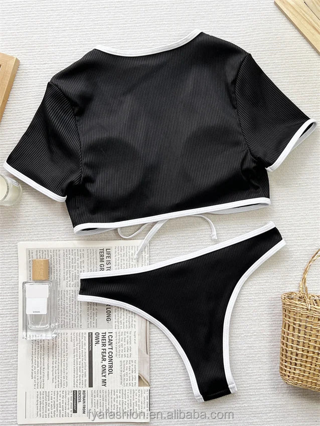 Hot Sexy Micro Girl Two Piece Racing Bikini Crop Top Competition Swimwear Short Sleeve Suit