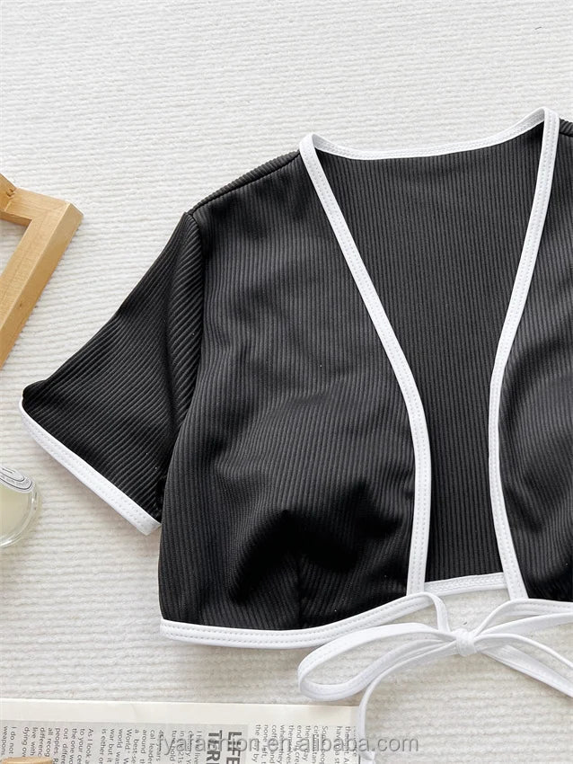 Hot Sexy Micro Girl Two Piece Racing Bikini Crop Top Competition Swimwear Short Sleeve Suit