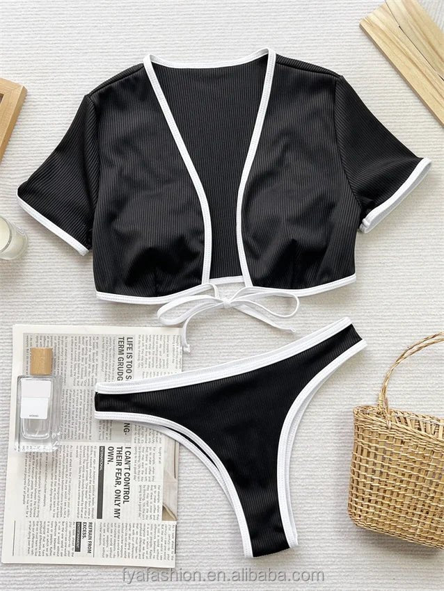 Hot Sexy Micro Girl Two Piece Racing Bikini Crop Top Competition Swimwear Short Sleeve Suit