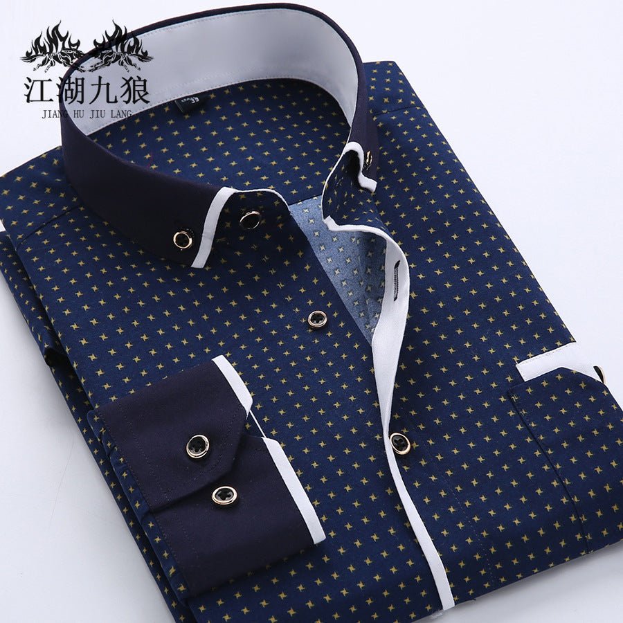 Men's Slim-Fit Business Printed Long-Sleeve Shirt