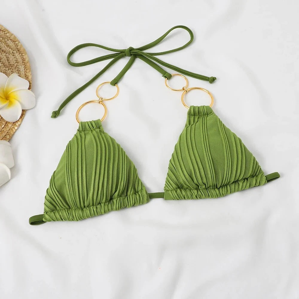 NEW Sexy Solid Color Circular Ring Special Fabric V-neck Backless Split Bikini Set Beach Wear Women Swimwear Custom