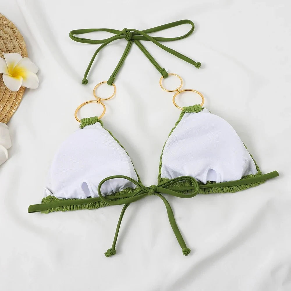 NEW Sexy Solid Color Circular Ring Special Fabric V-neck Backless Split Bikini Set Beach Wear Women Swimwear Custom