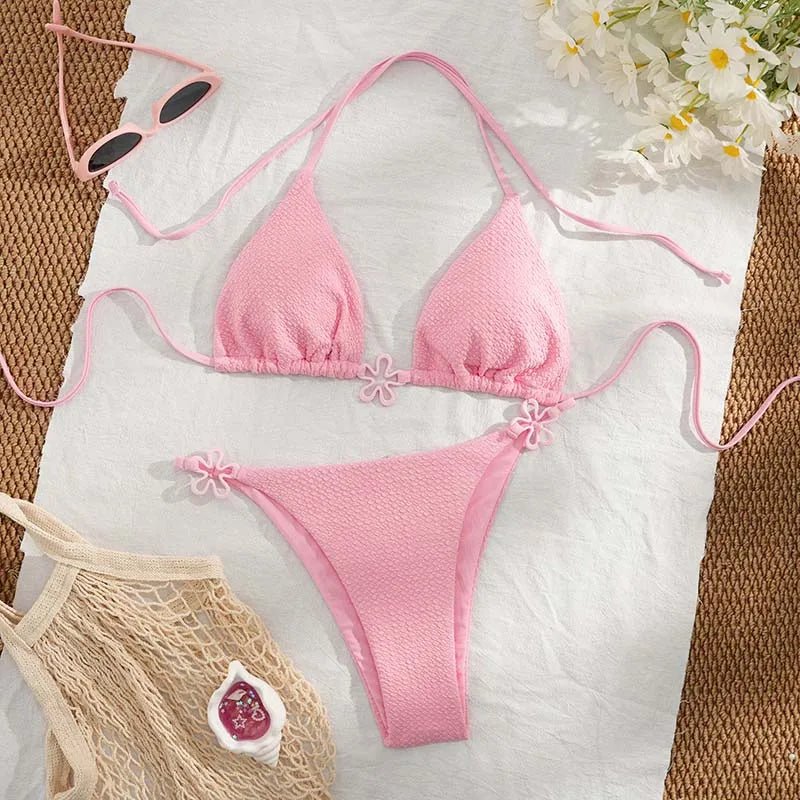 Same-day Shipping Custom Sexy Solid Flower Special Fabric Push up Wrinkle Triangle Two Piece Bikini Women Halter Belt Swimwear
